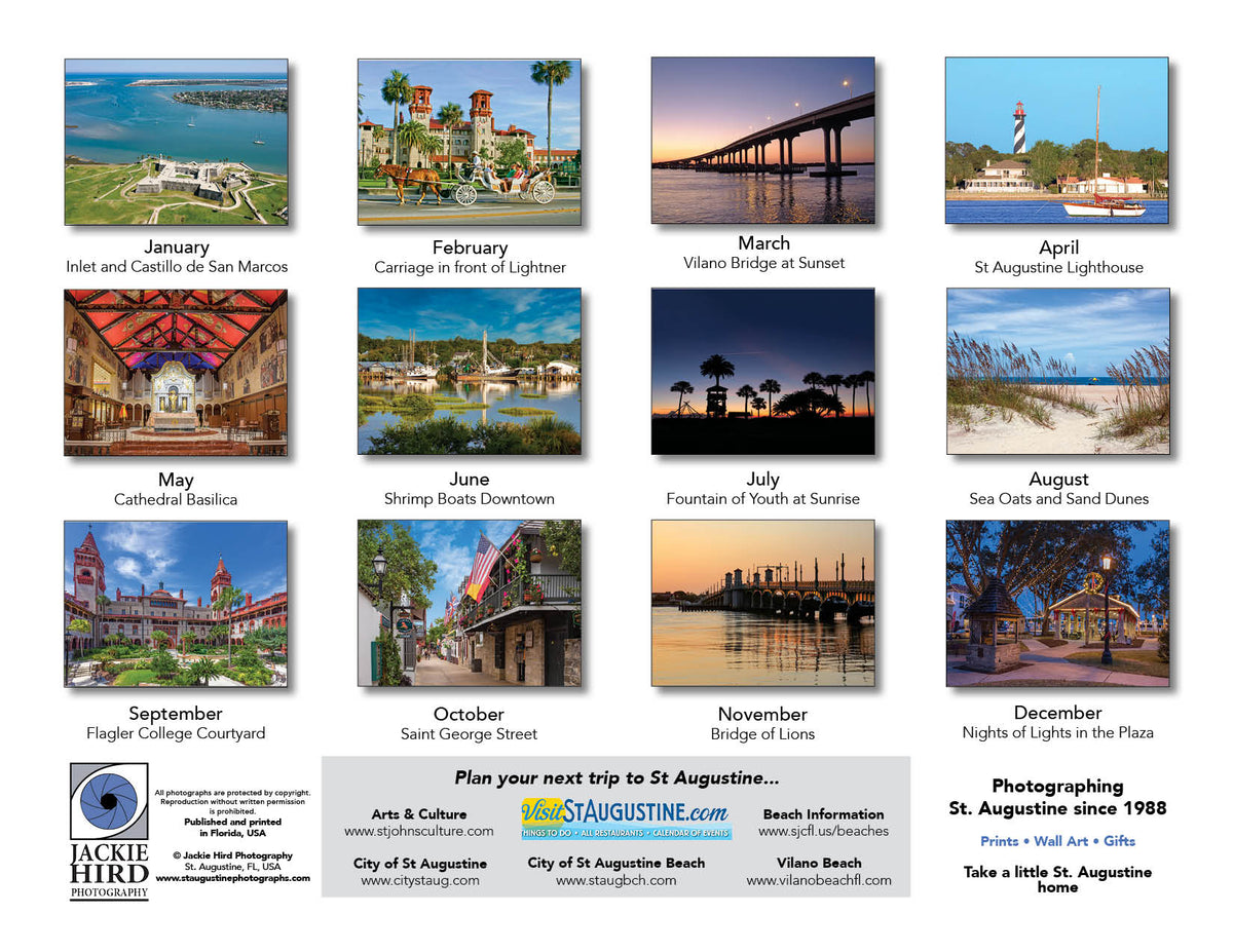 Back cover of the 2027 St. Augustine Calendar showing the 12 featured St. Augustine photographs by Jackie Hird