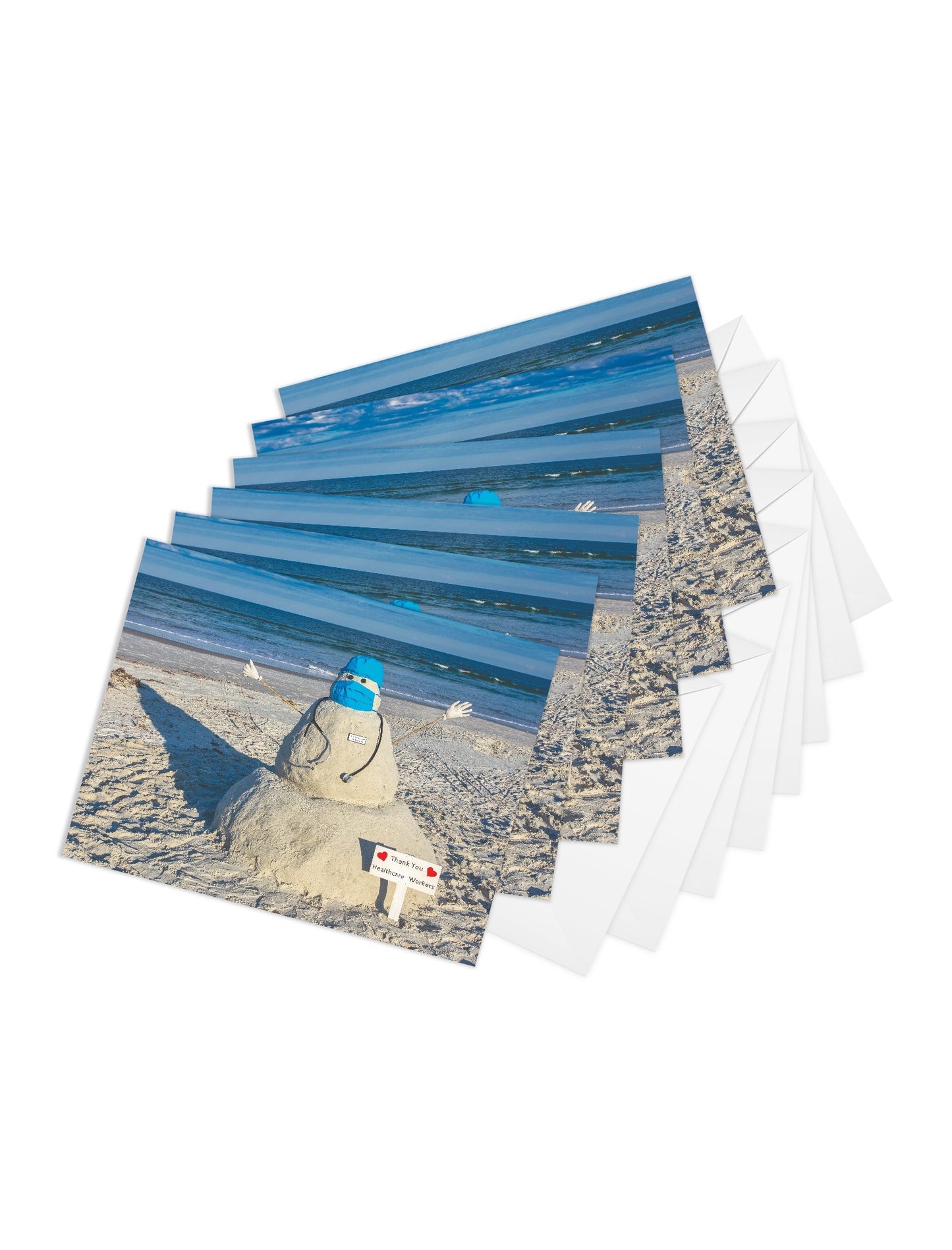 Sand, Snowman, Notecard, packs, beach, Thank you, greetings, cards, covid, essential, workers