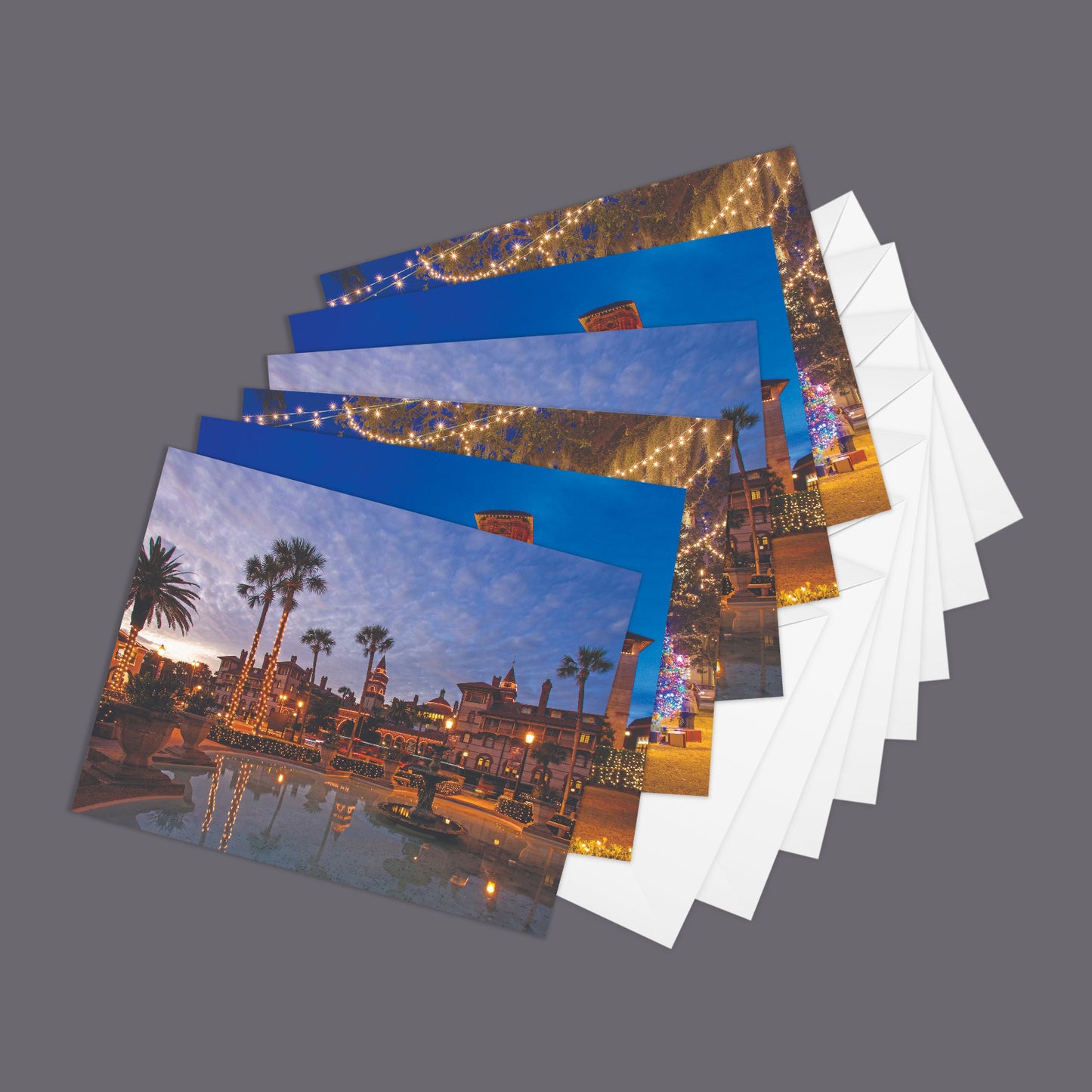 Pack 3 - St Augustine Nights of Lights Notecard packs, holiday scenes, white lights, downtown, Christmas, twinkle