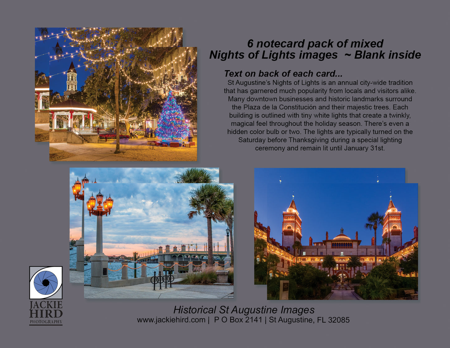 Pack 2 - St Augustine Nights of Lights Notecard packs, holiday scenes, white lights, downtown, Christmas, twinkle