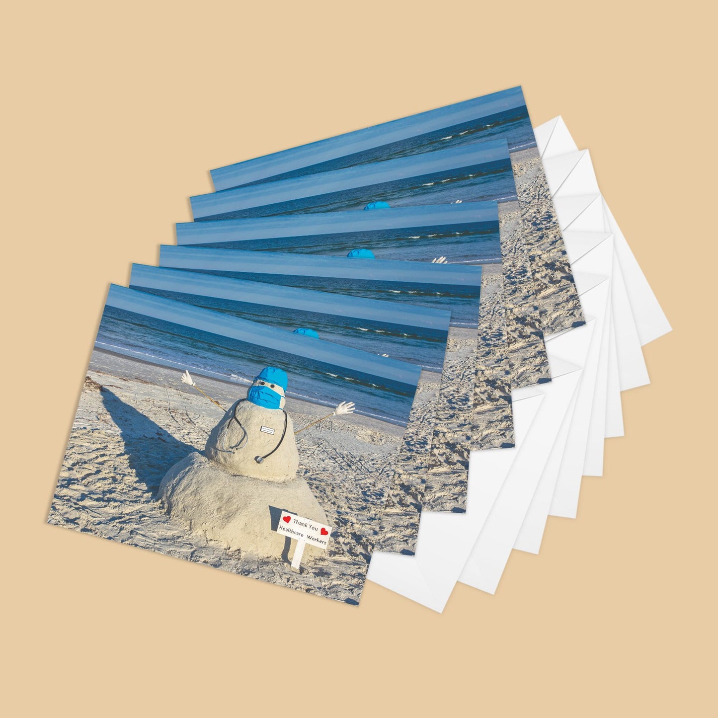 Sand, Snowman, Notecard, packs, beach, Thank you, greetings, cards, covid, essential, workers