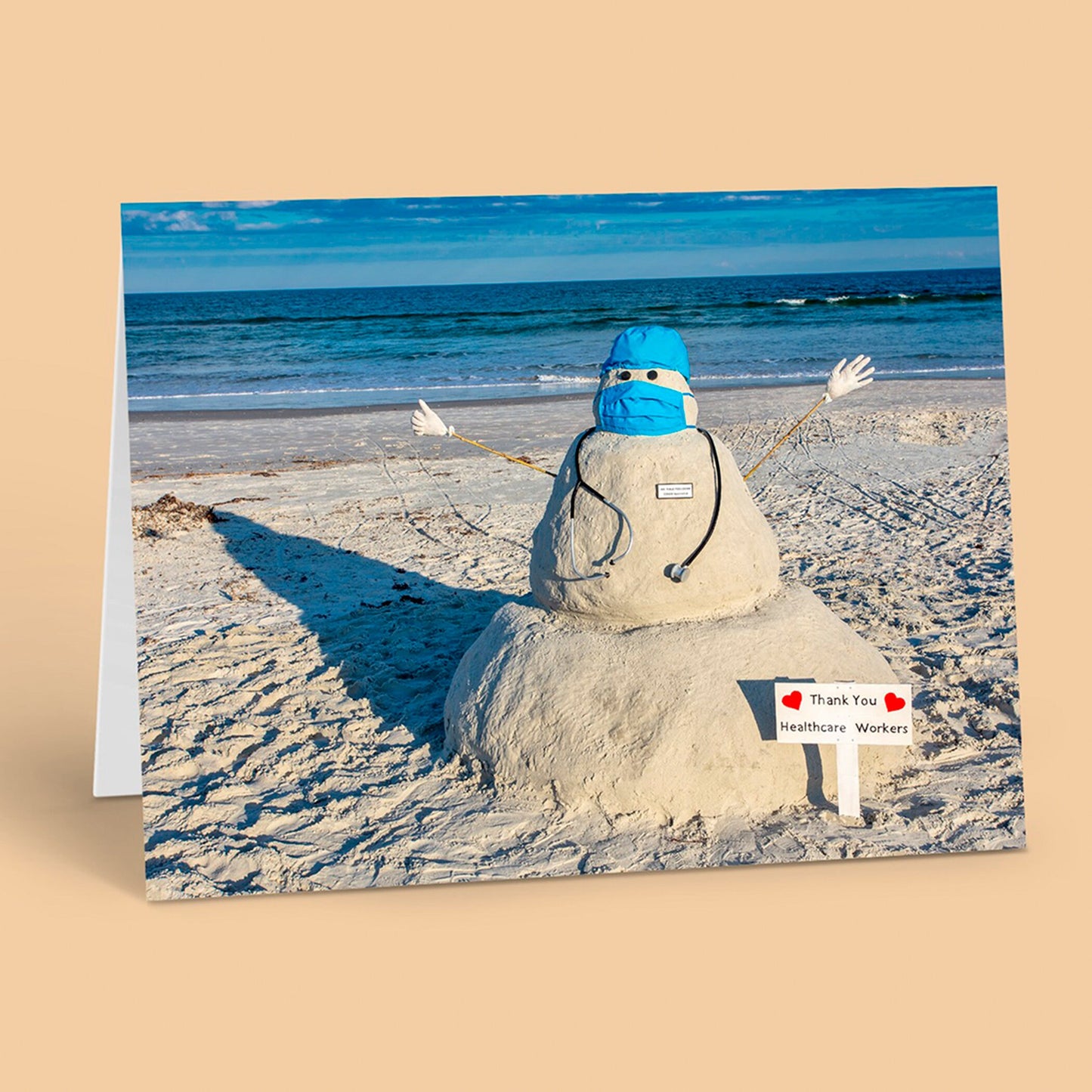 Sand, Snowman, Notecard, packs, beach, Thank you, greetings, cards, covid, essential, workers