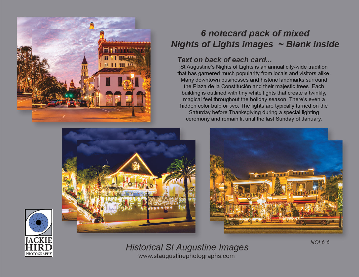 Pack 6 - St Augustine Nights of Lights Notecard packs, holiday scenes, white lights, downtown, Christmas, twinkle