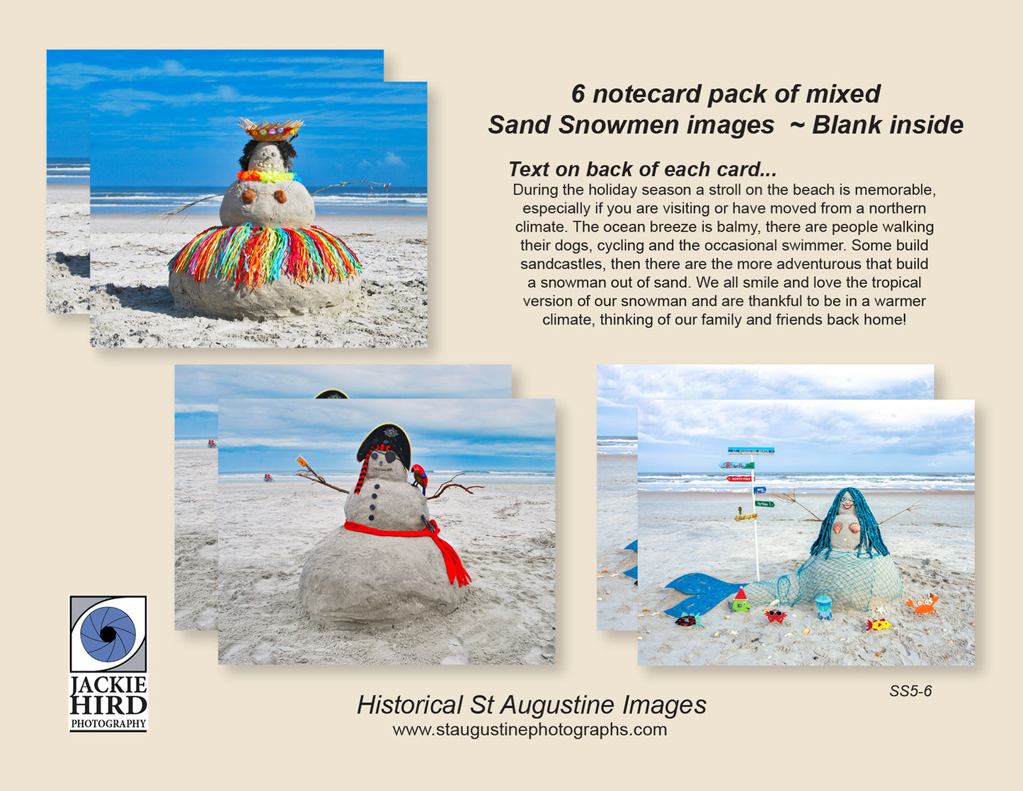 Pack 5 - Sand, Snowman, Notecard, packs, beach, Thank you, greetings, cards