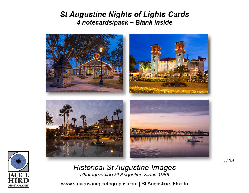 Pack LL3-4 - St Augustine Blank Nights of Lights Notecard packs, holiday scenes, white lights, downtown, Christmas, twinkle
