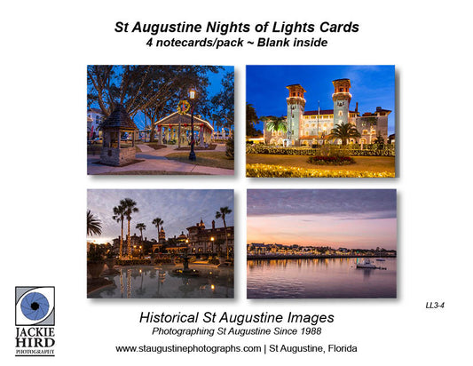 Pack LL3-4 - St Augustine Blank Nights of Lights Notecard packs, holiday scenes, white lights, downtown, Christmas, twinkle