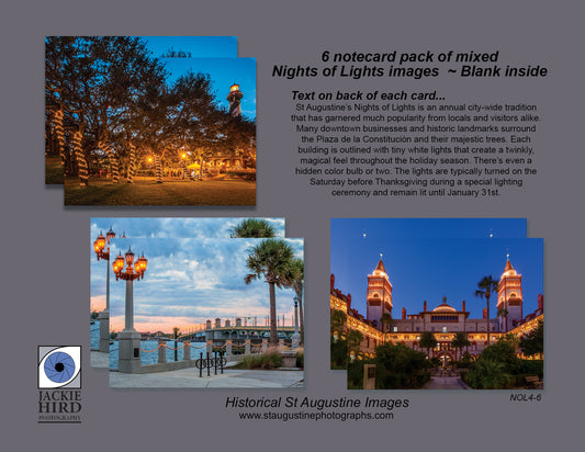 Pack 4 - St Augustine Nights of Lights Notecard packs, holiday scenes, white lights, downtown, Christmas, twinkle