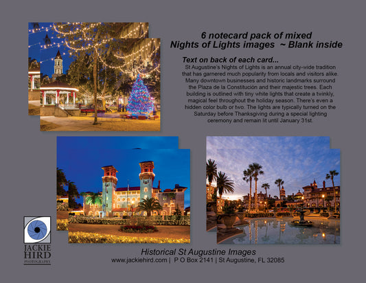 Pack 3 - St Augustine Nights of Lights Notecard packs, holiday scenes, white lights, downtown, Christmas, twinkle