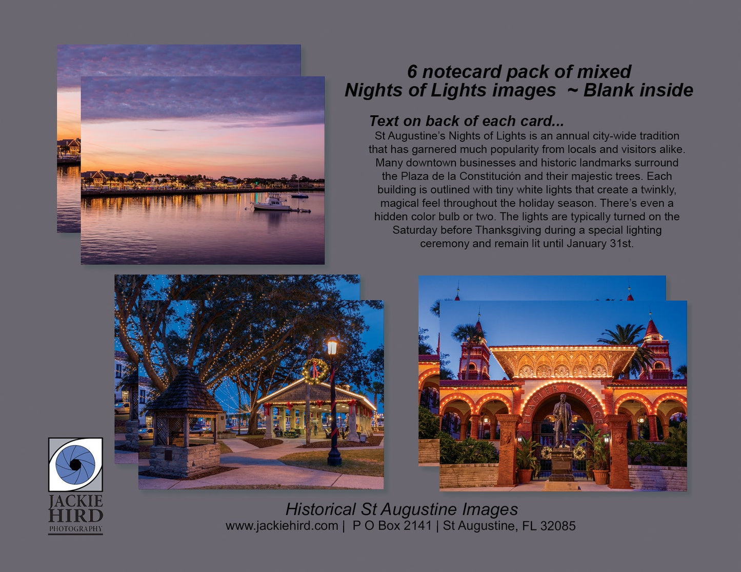 St Augustine Nights of Lights Notecard packs, holiday scenes, white lights, downtown, Christmas, twinkle